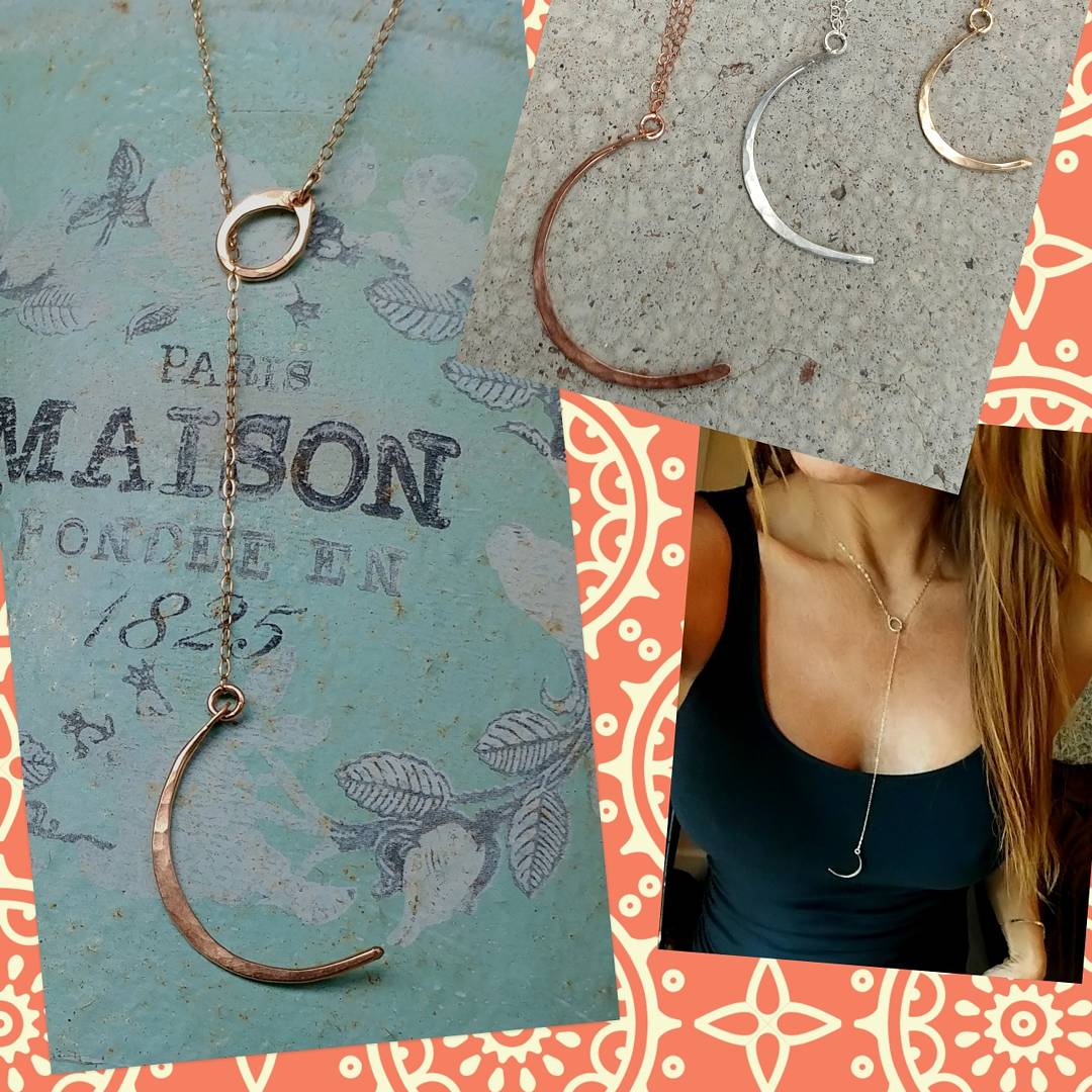 Hammered Crescent Moon Lariat Necklace