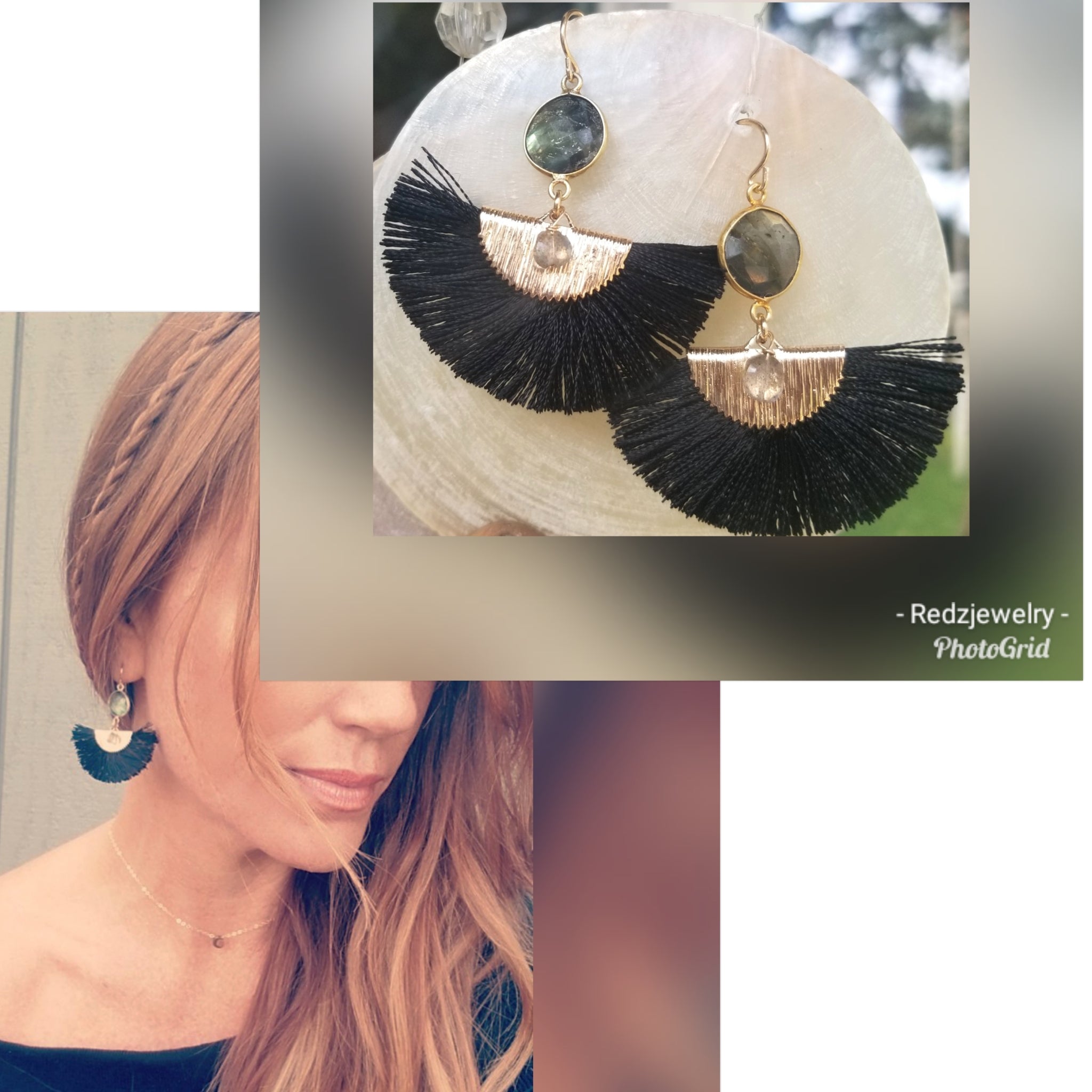 Black & Labradorite Silk Fan Earrings