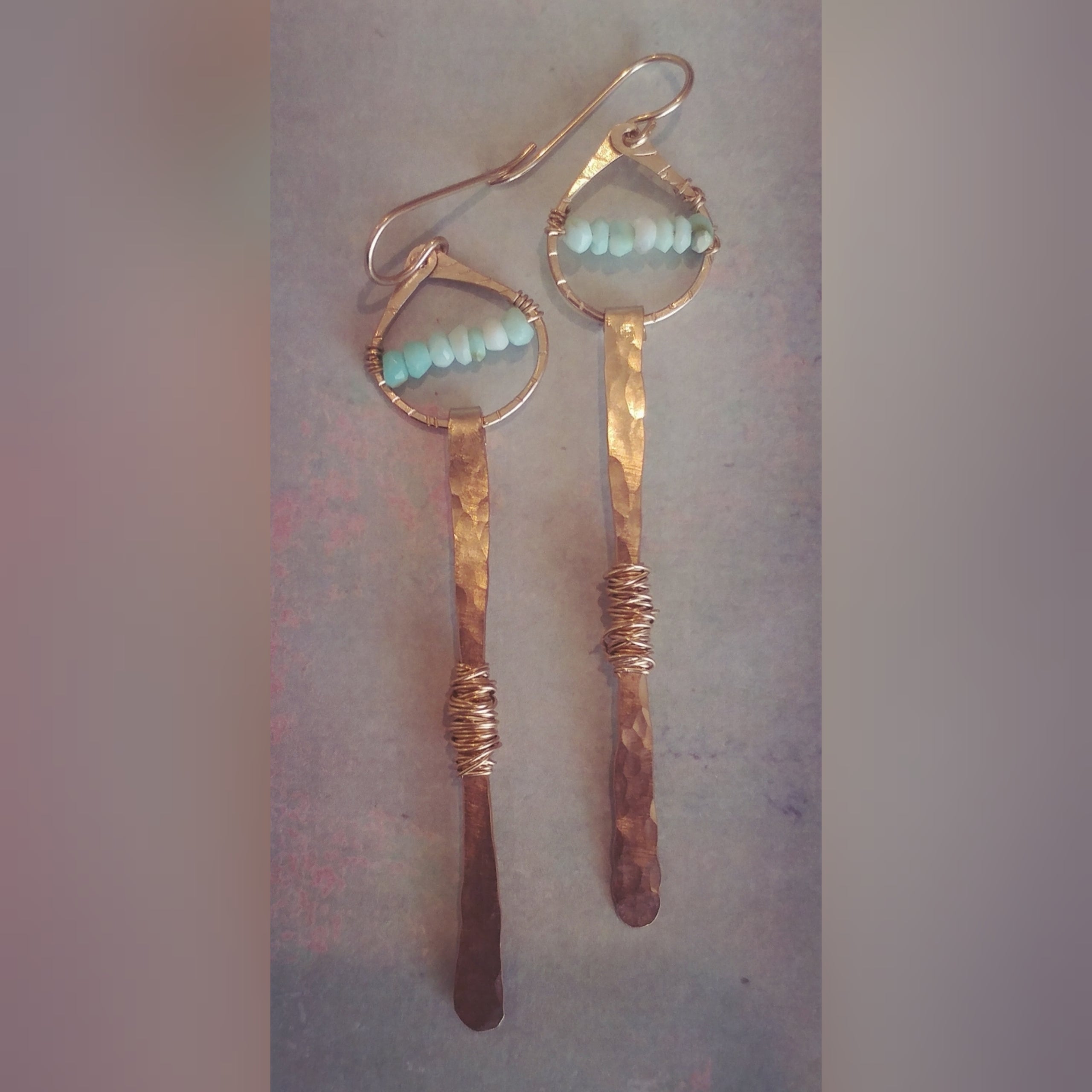Peruvian Opal Gem wrapped Bar Earrings