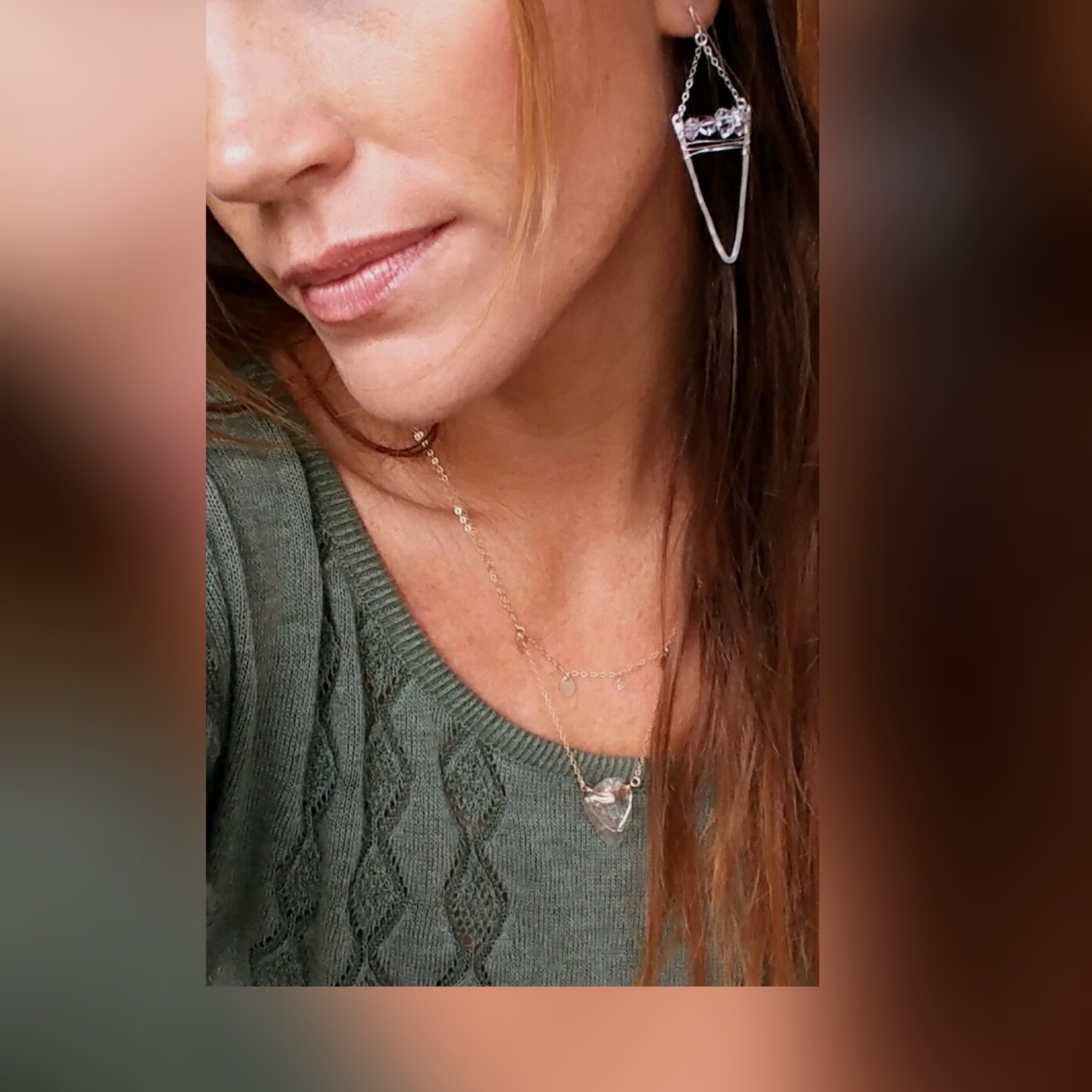 Hammered Herkimer Diamond V Earrings